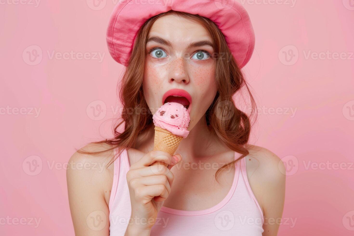 A woman in a pink hat eating an ice cream cone photo
