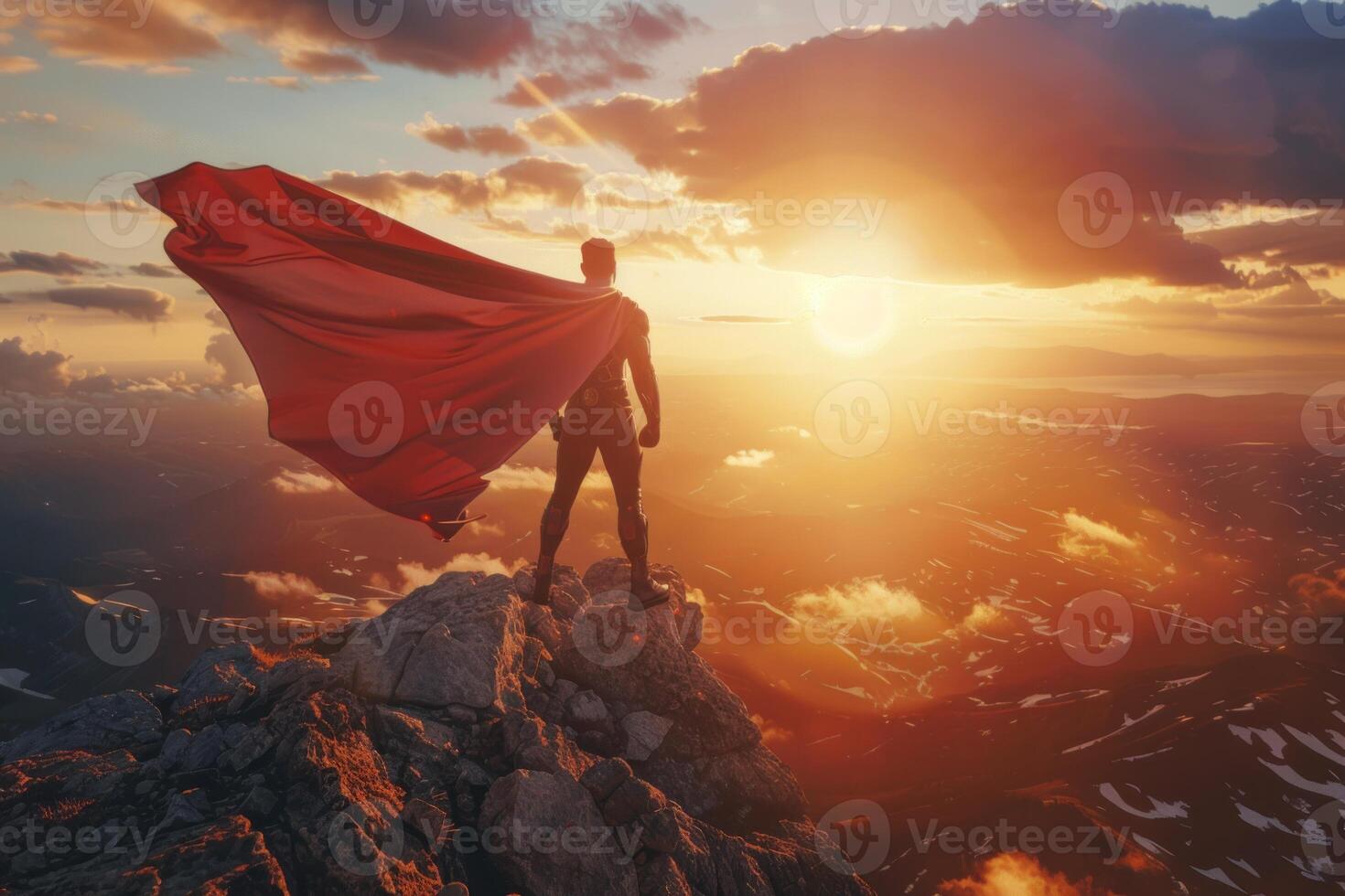 Superhero standing on top of mountain with cape photo