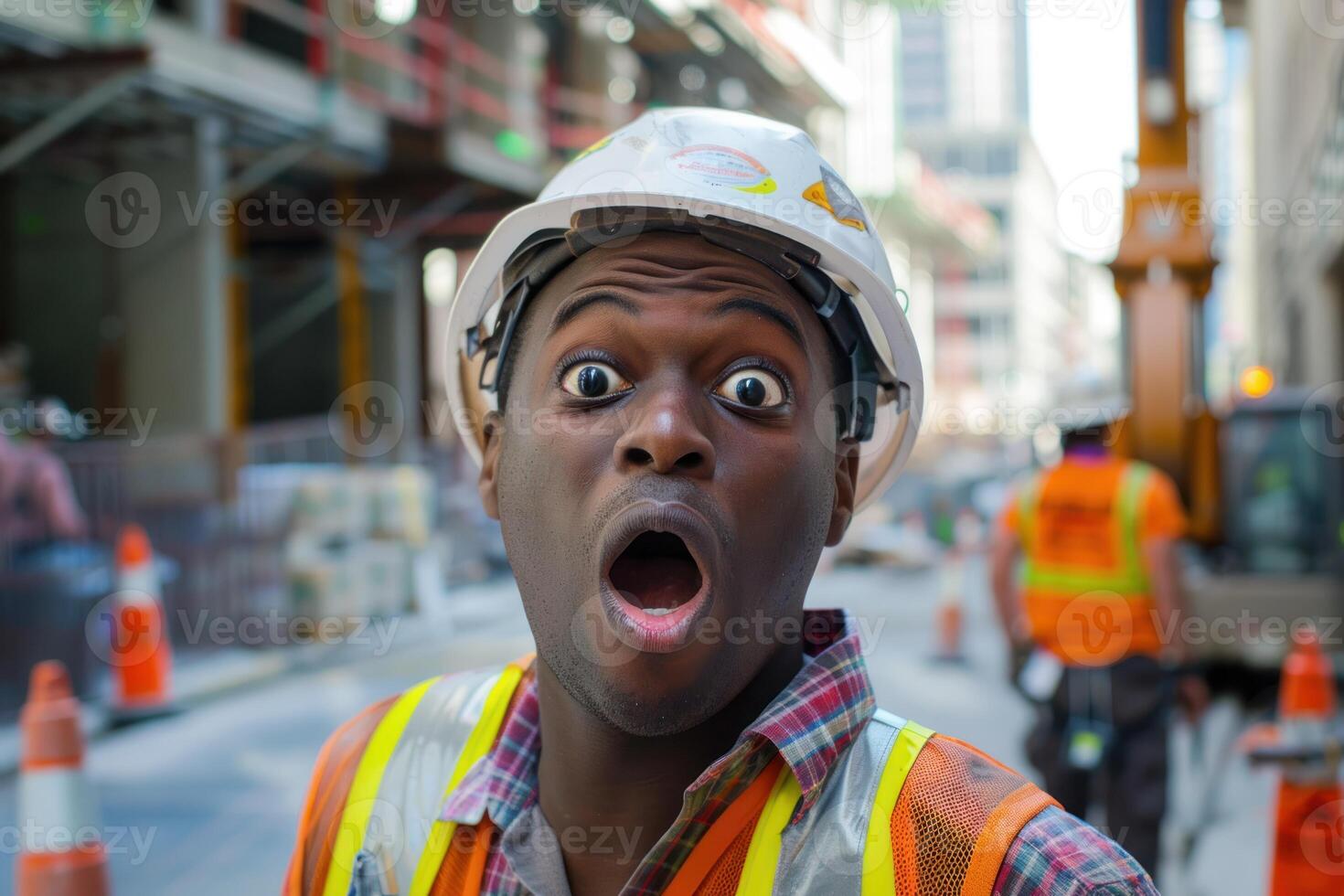 A construction worker with a surprised look on his face photo