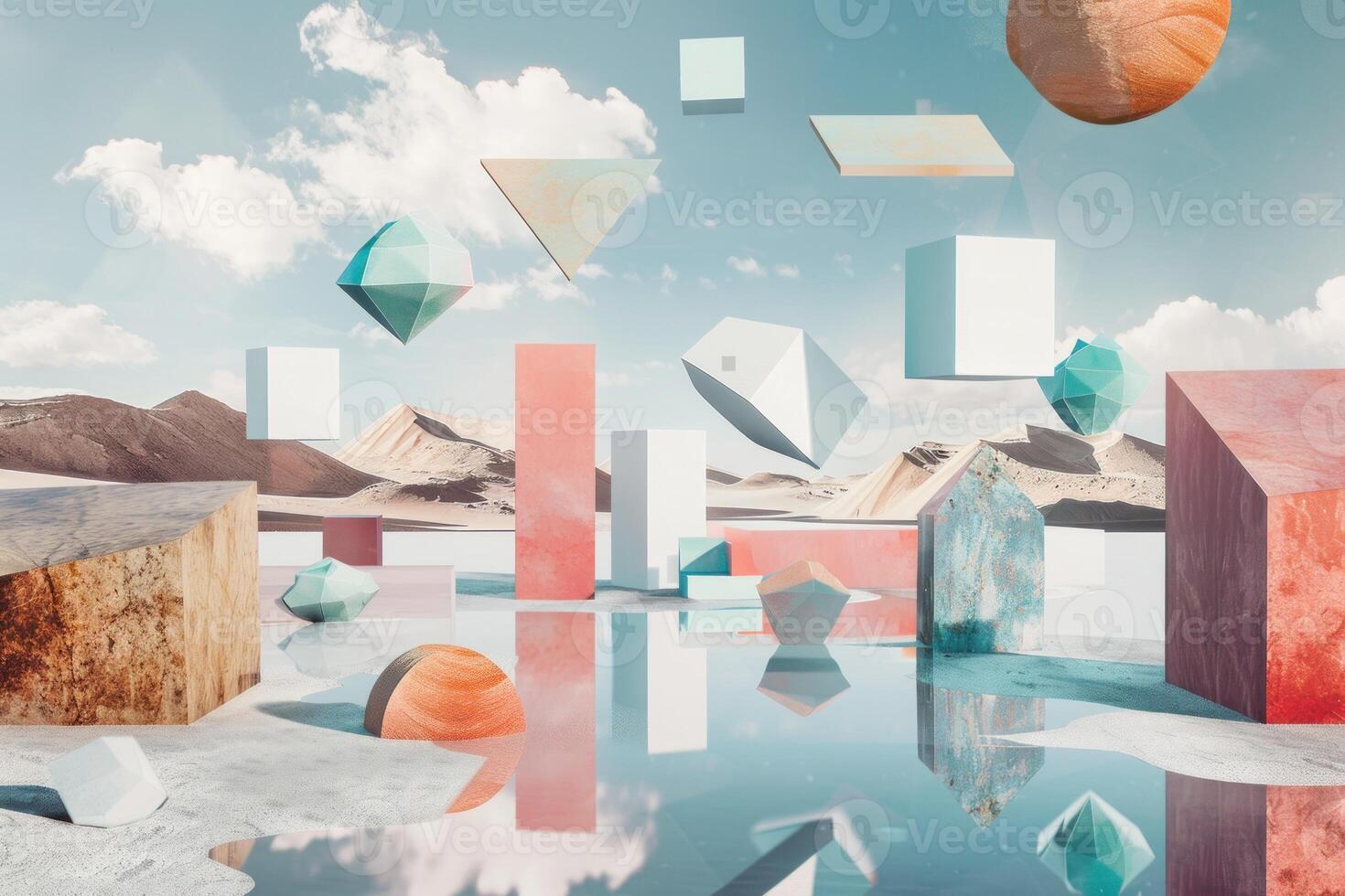 A colorful abstract scene with cubes and other shapes floating in the water photo