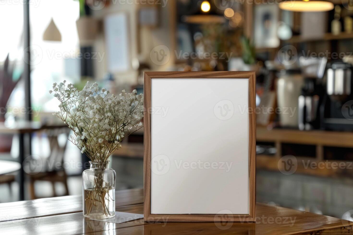 A blank frame on a wooden table in a cafe photo