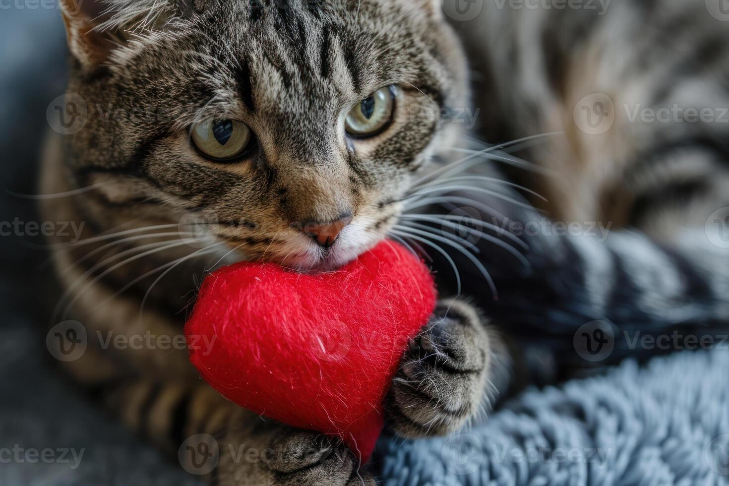 A cat is holding a red heart in its mouth photo