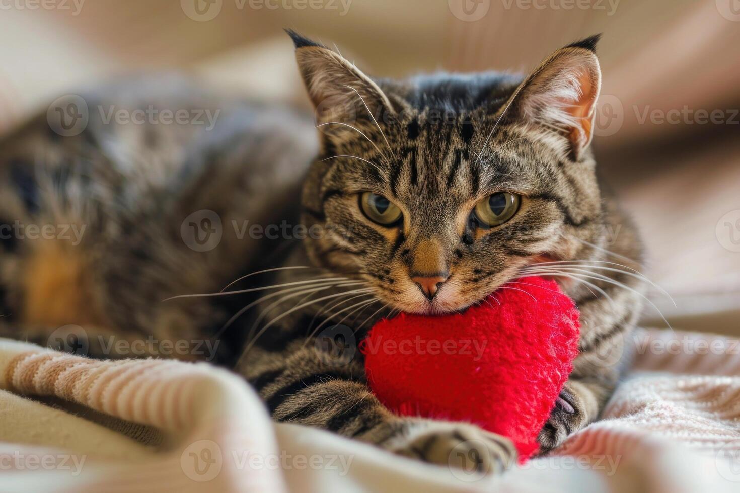 A tabby cat with a red heart on its chest photo