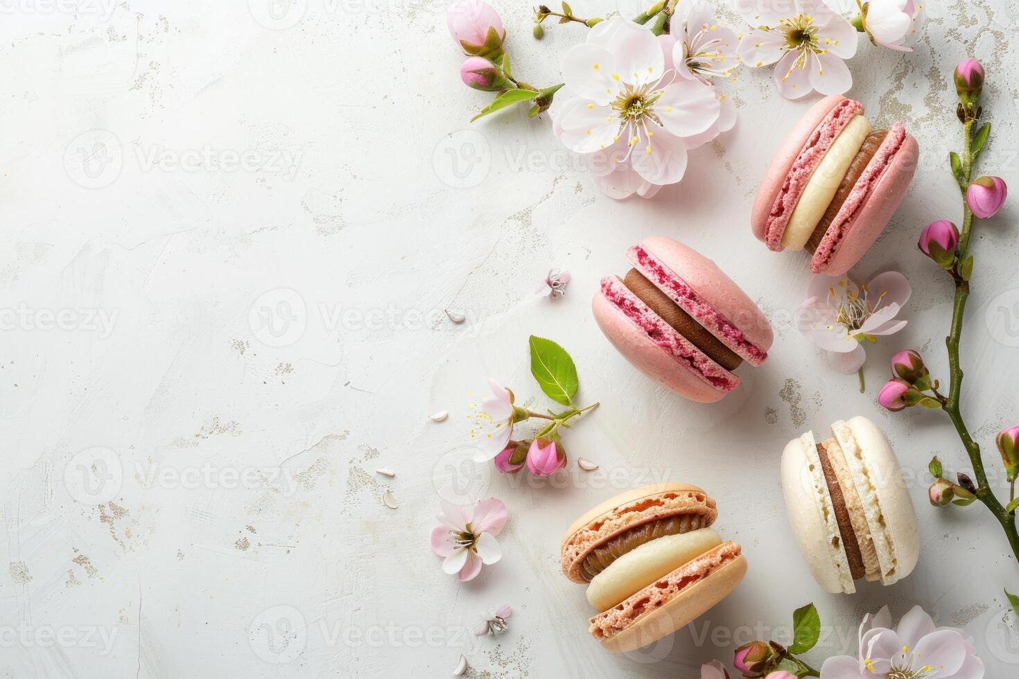 Macarons and cherry blossom on white background photo