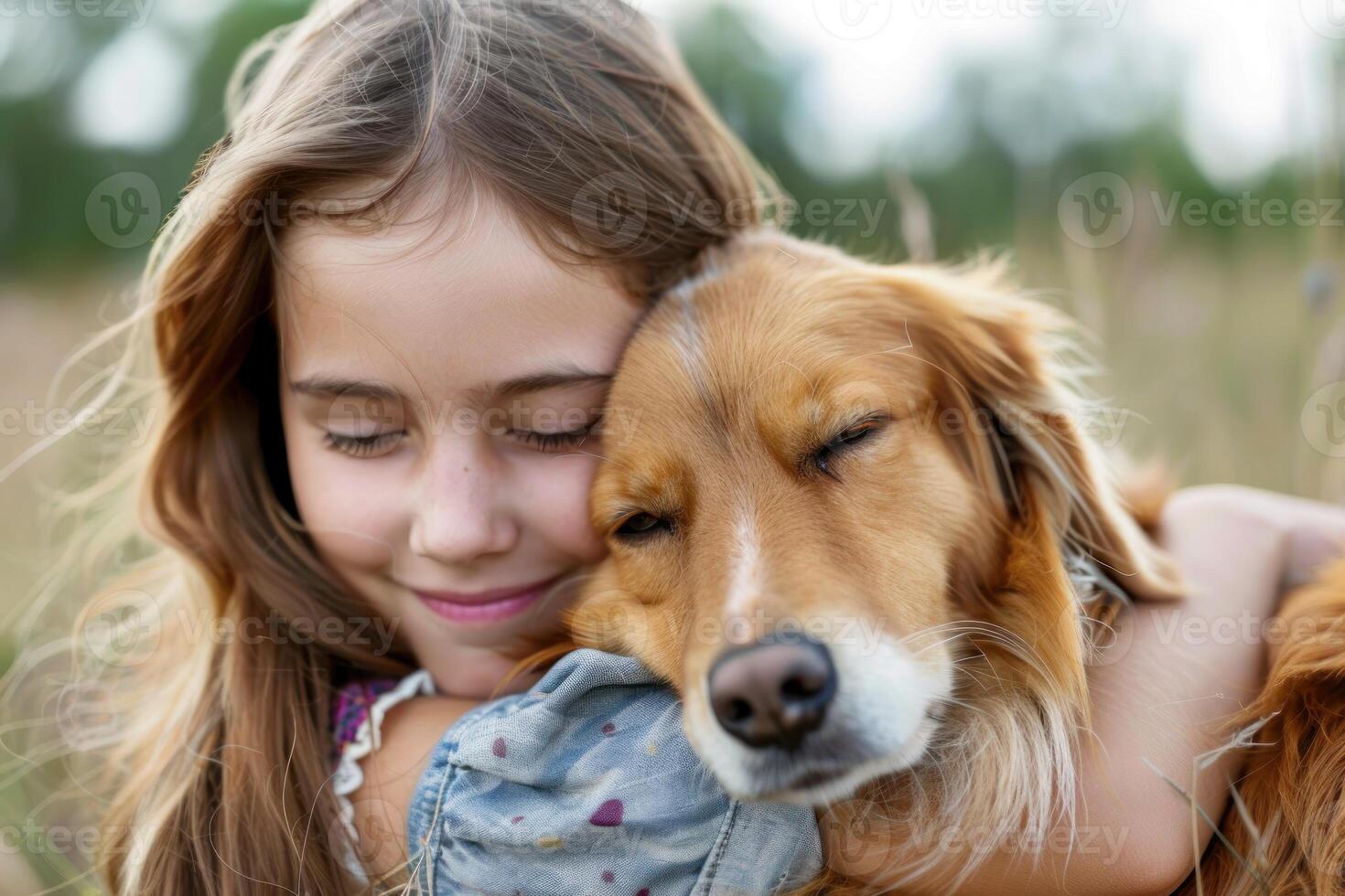 A young girl hugging a dog in a field photo