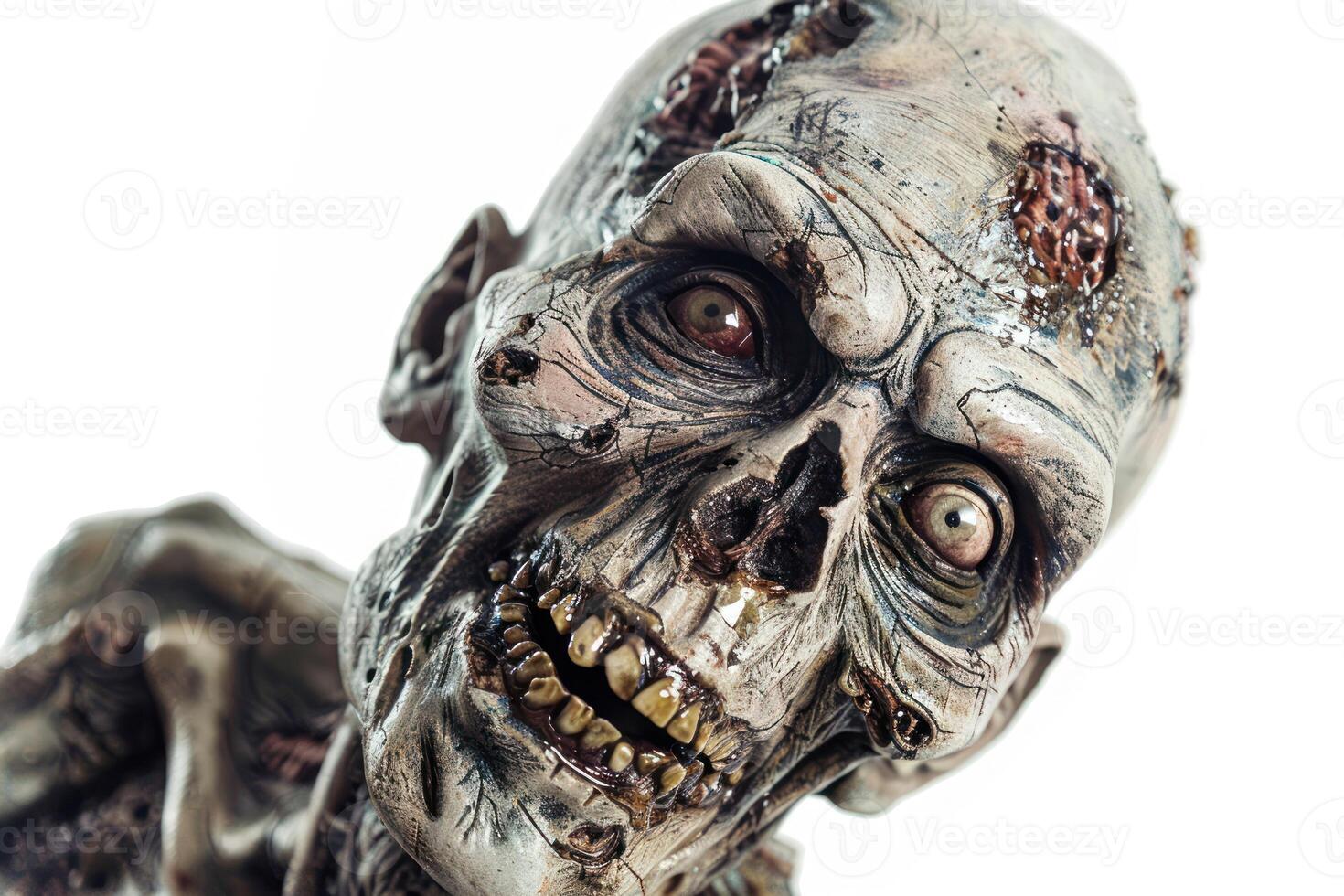 A close up of a zombie head with a white background photo