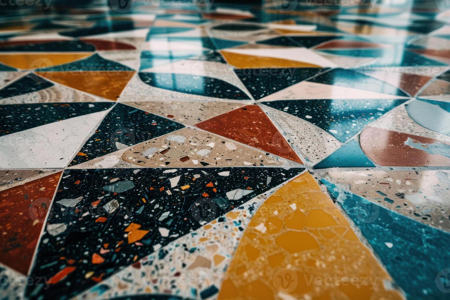 A colorful tile floor with geometric shapes photo