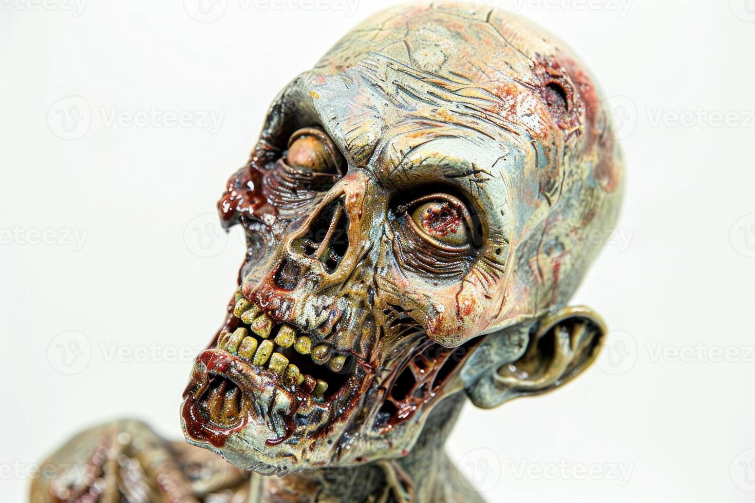 A close up of a zombie head with blood on it photo
