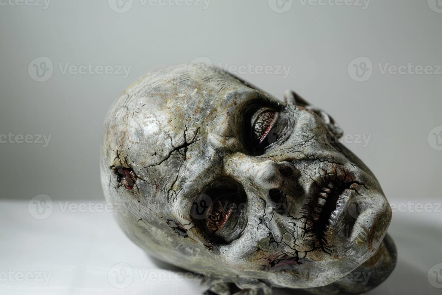 A close up of a zombie head on a white surface photo