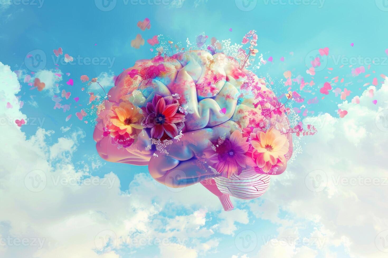 A brain with flowers floating in the air photo