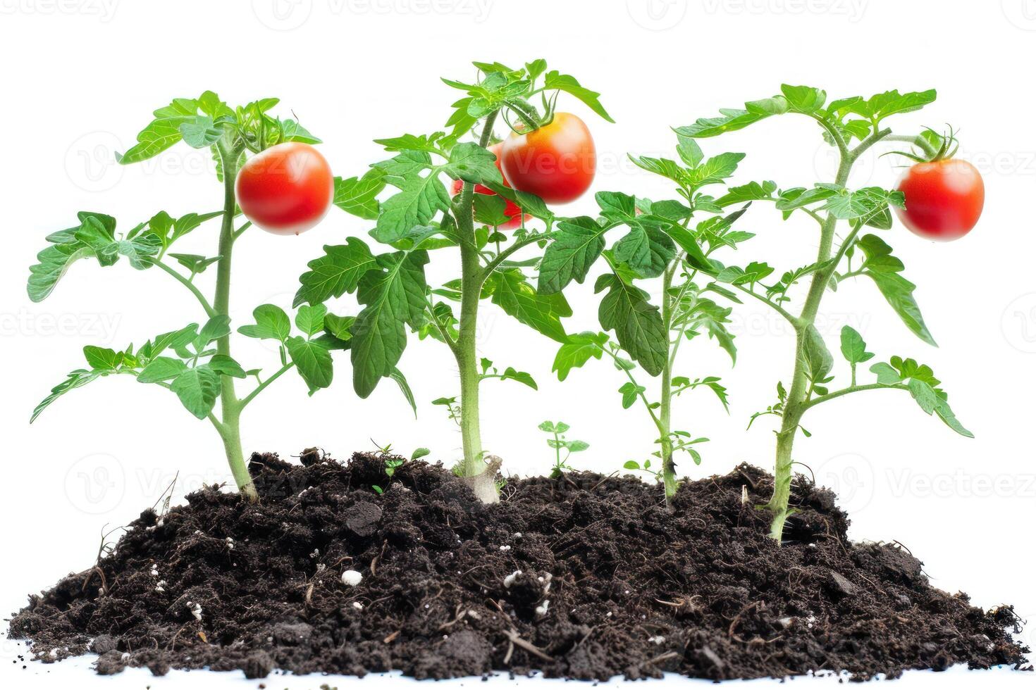Tomato plants growing in soil on a white background photo