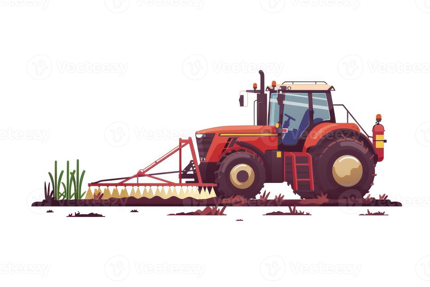 Tractor with plow and grass on a white background photo
