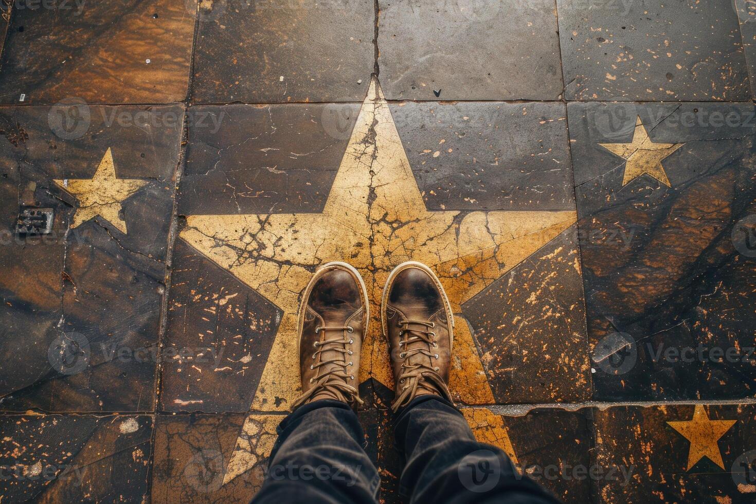 A person standing on a star floor with their feet on the ground photo