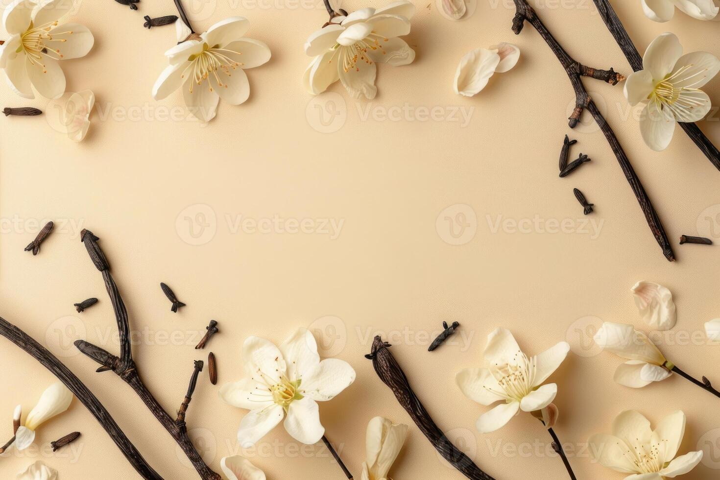 Vanilla flowers and vanilla pods on a beige background photo