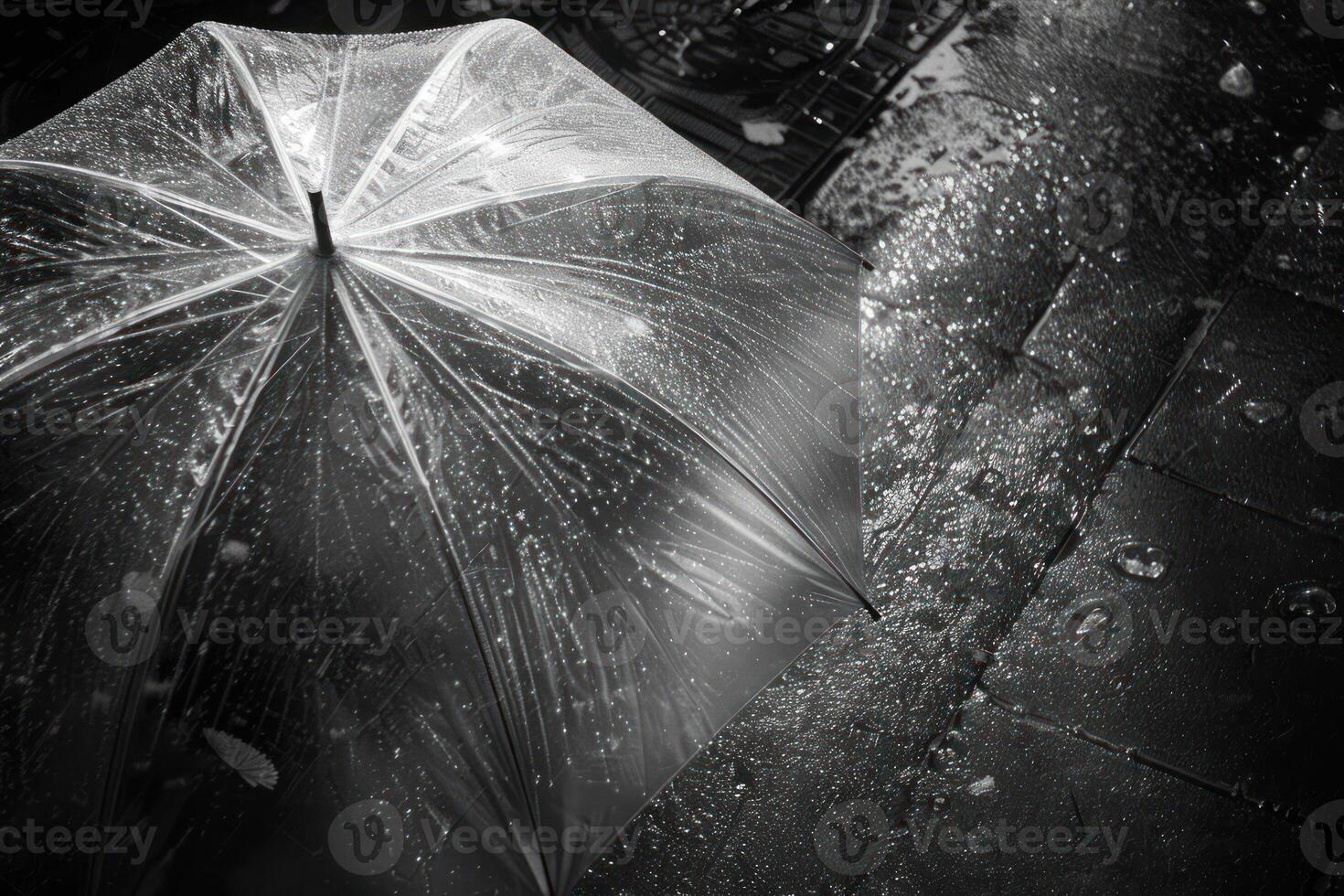 A black and white photo of an umbrella in the rain