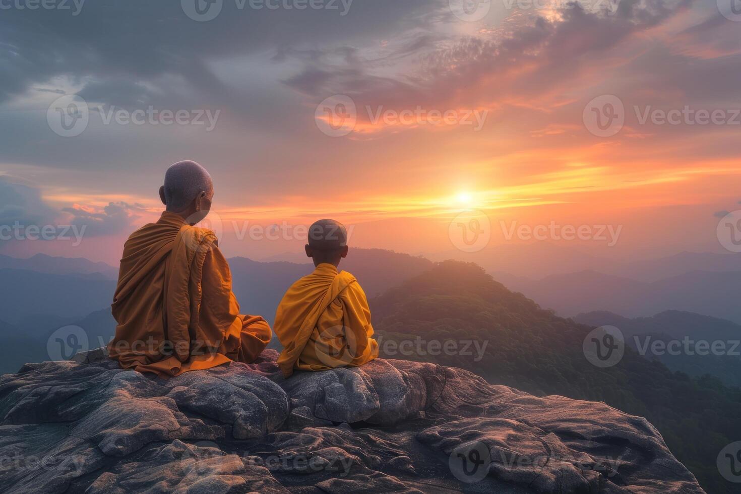 Two young monks sitting on a rock at sunset photo