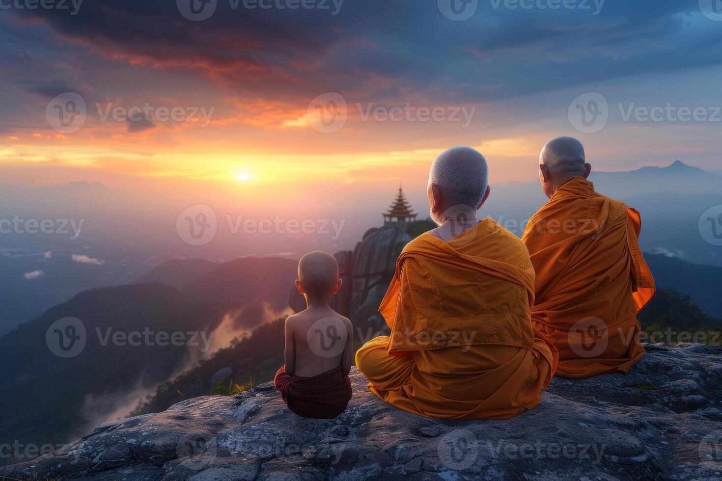 Three buddhist monks sitting on a mountain top at sunset photo