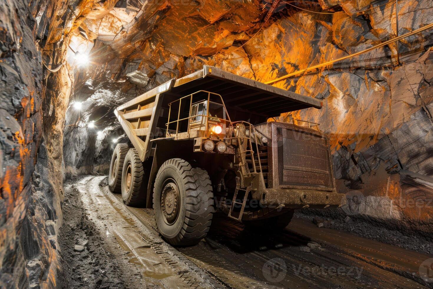 A dump truck is driving through a tunnel photo