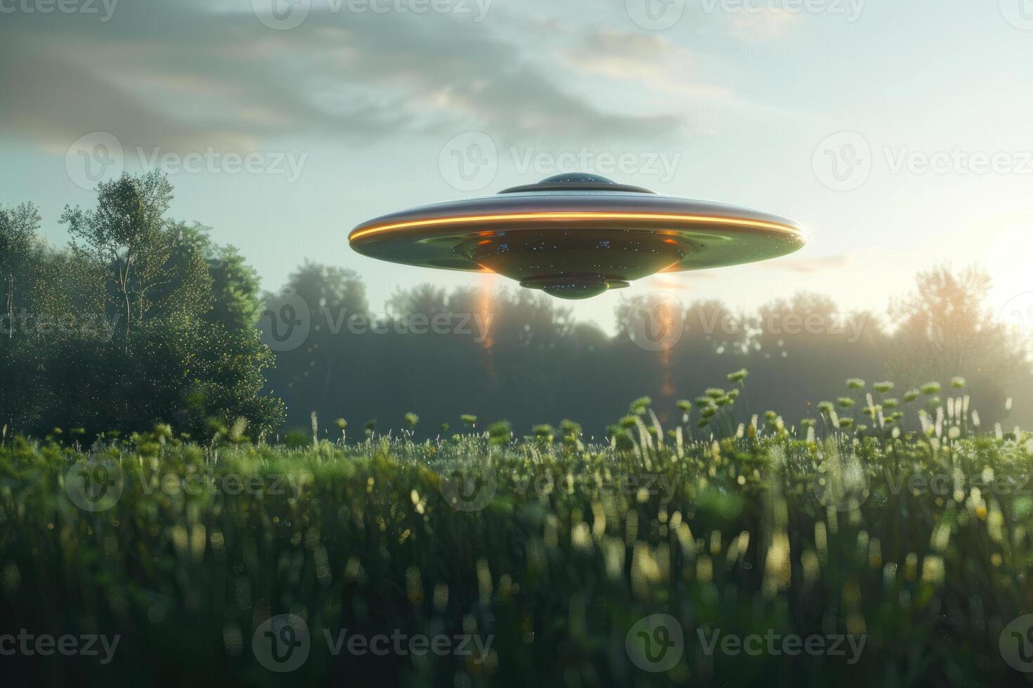 An alien flying saucer is flying over a field photo