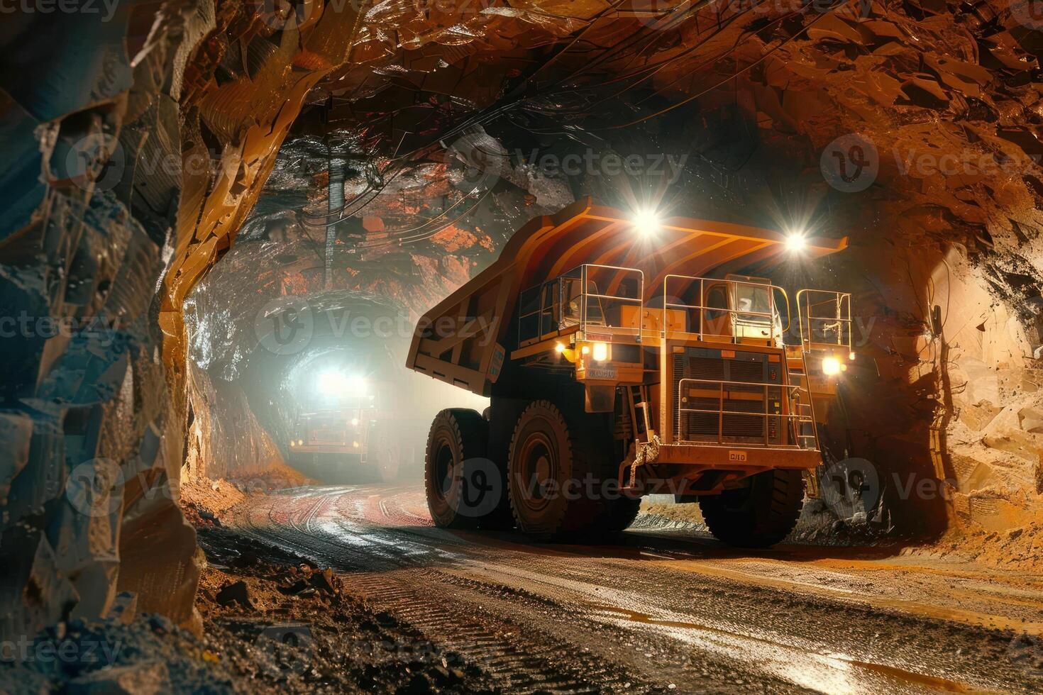 A large dump truck driving through a tunnel photo