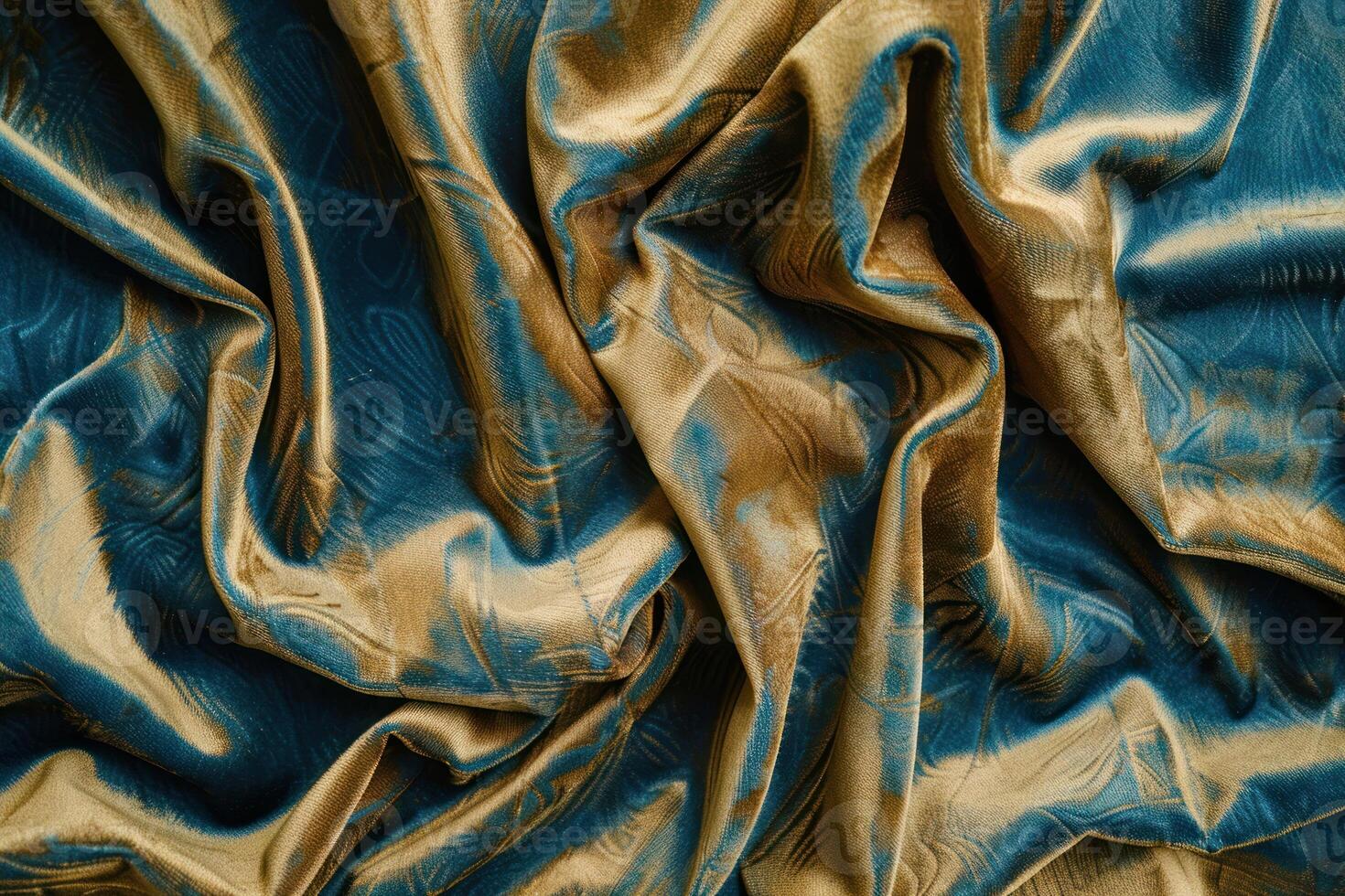 A blue and gold silk fabric with a pattern photo