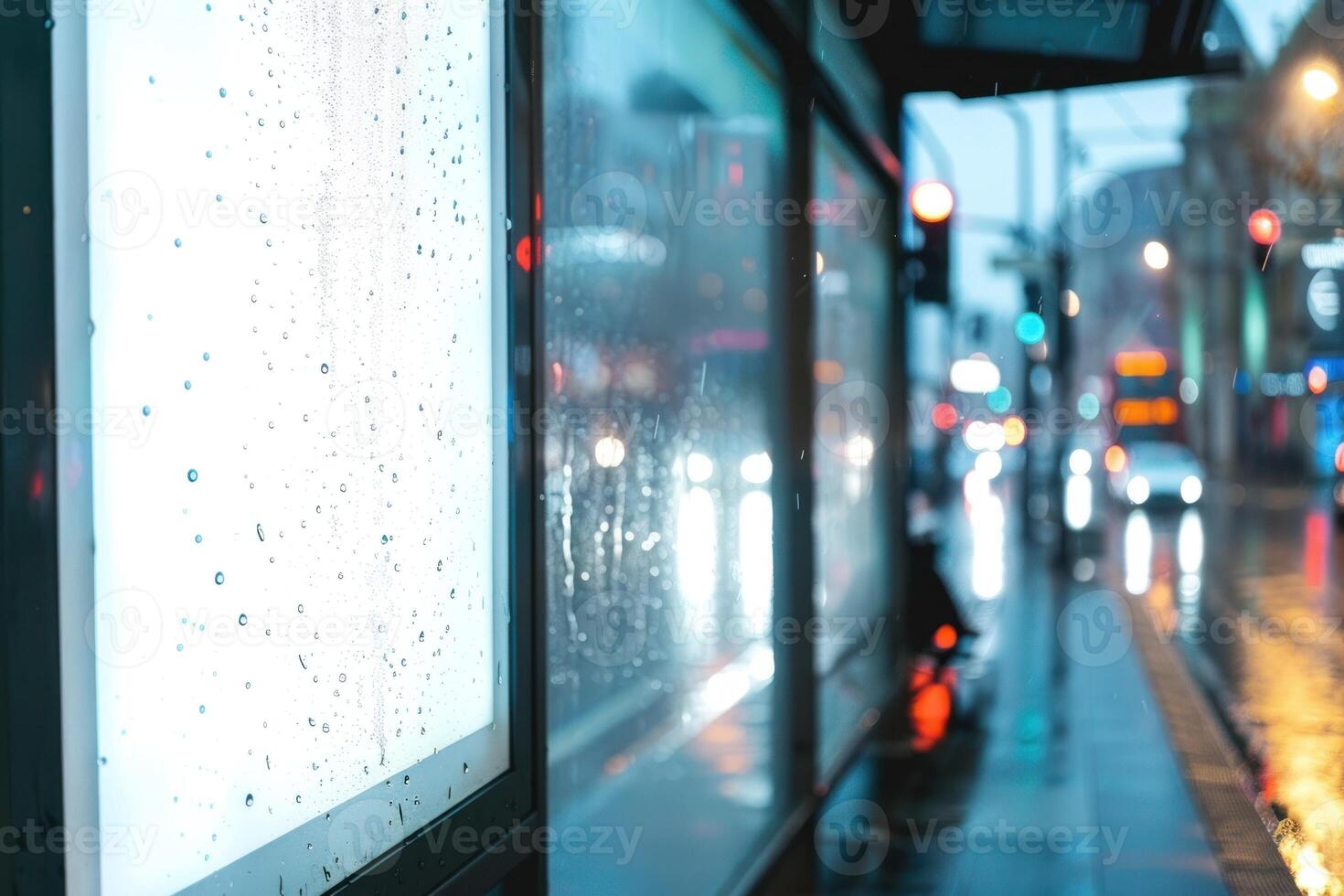 A city street with a bus stop and a building in the background photo