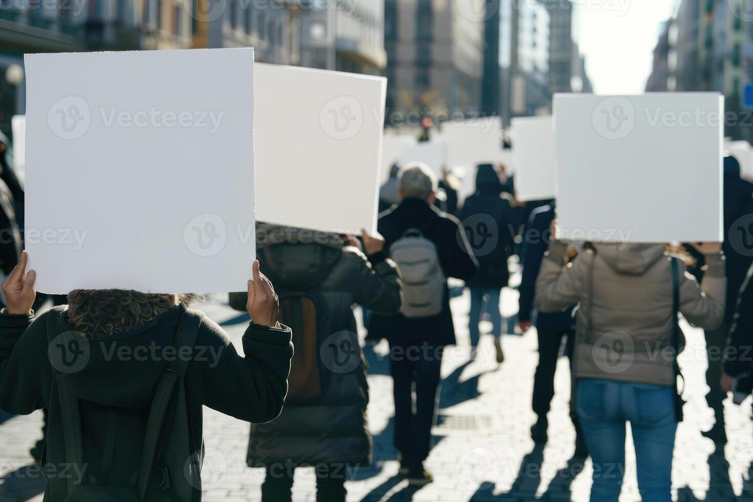 People holding blank signs in the street photo