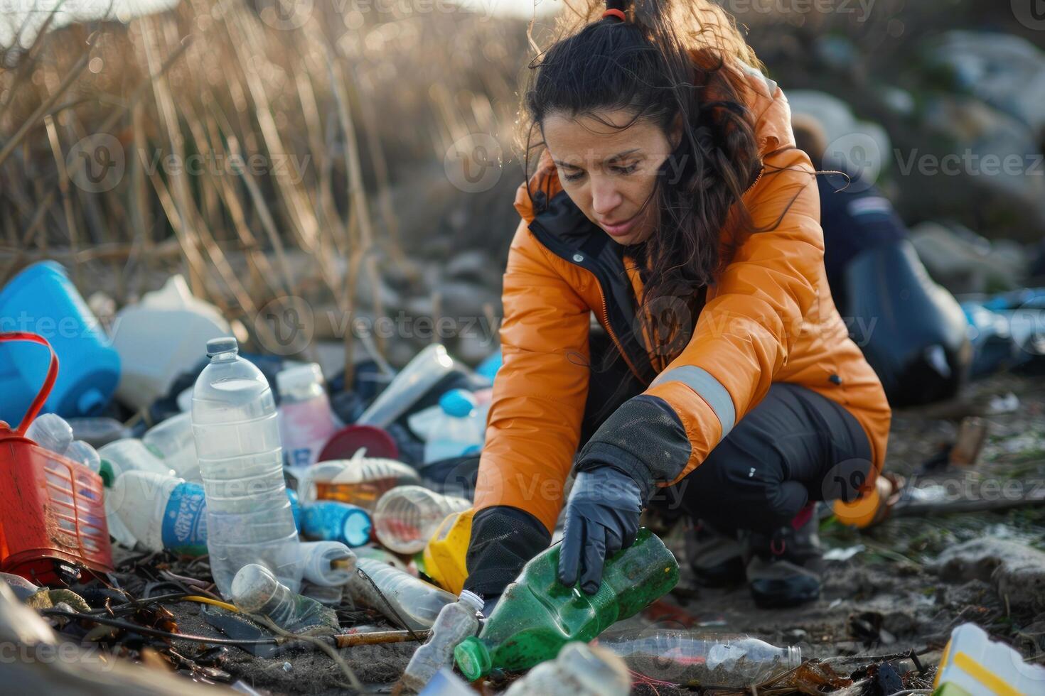 A woman in an orange jacket is kneeling down to pick up plastic bottles photo