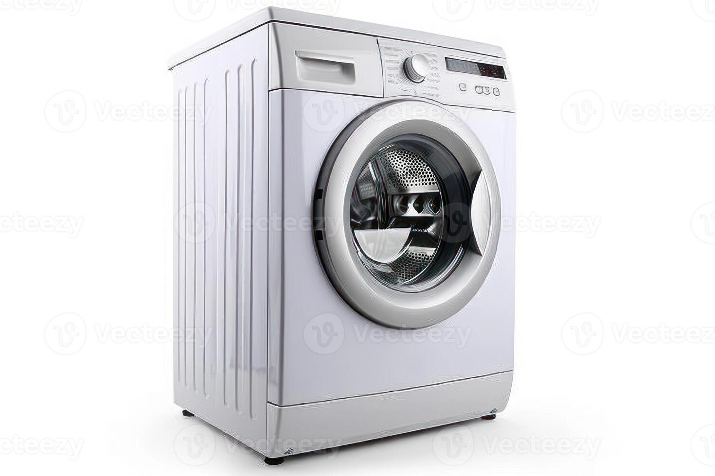 A white washing machine is shown on a white background photo