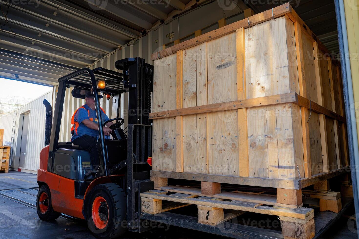 A forklift is moving a pallet photo