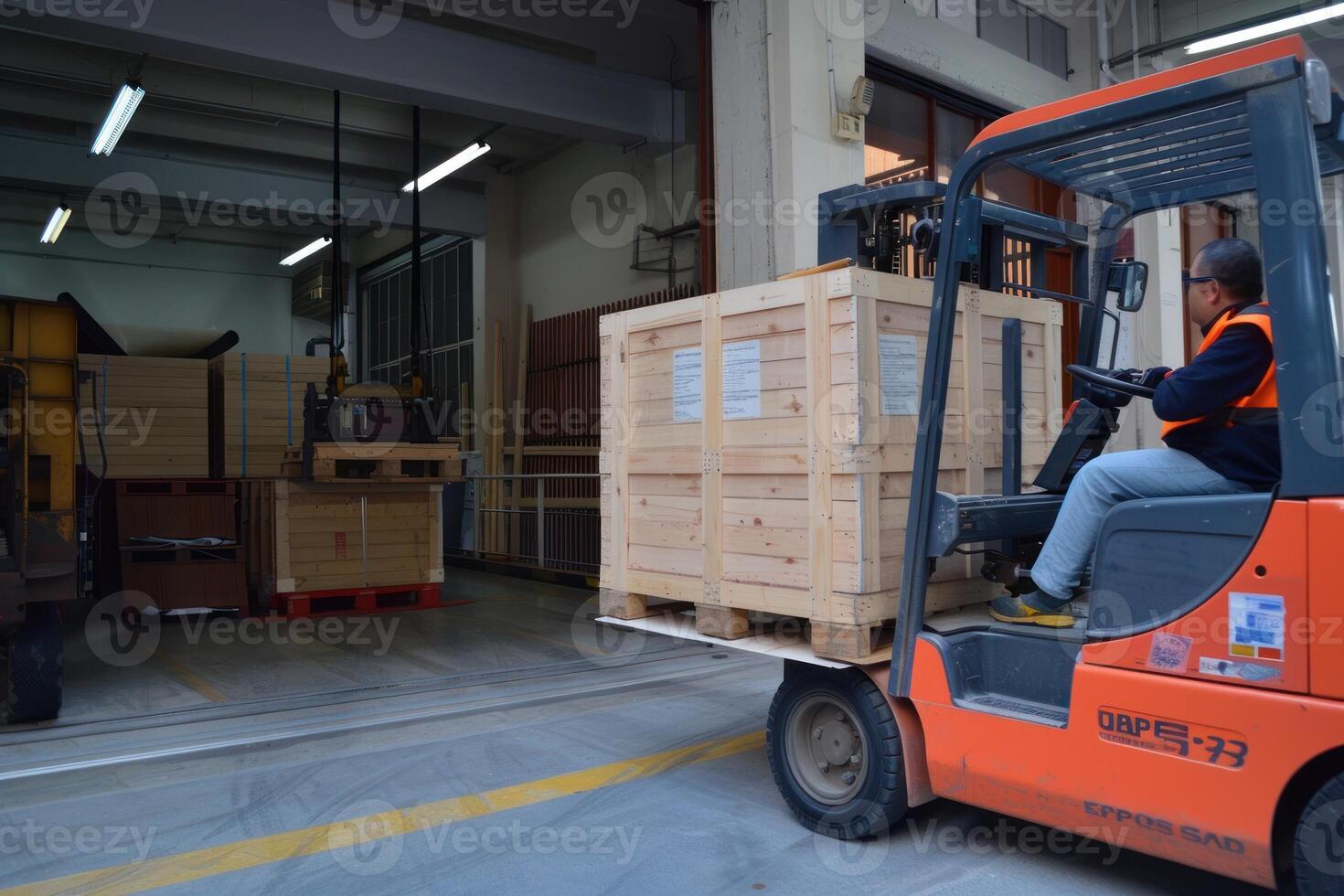 A forklift truck is driving through a warehouse photo