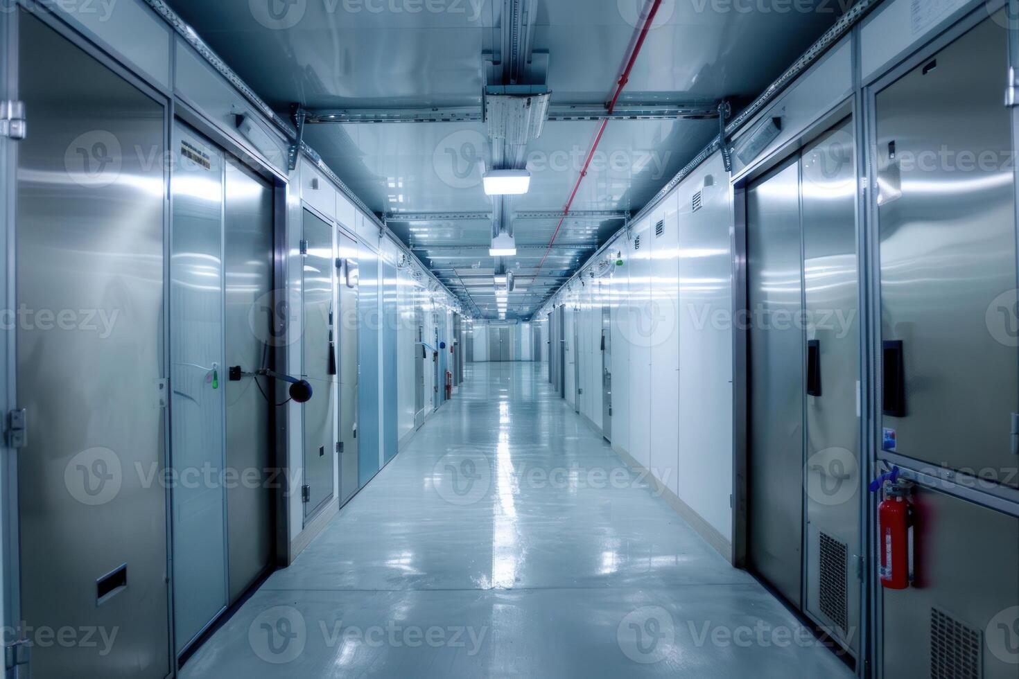 A long hallway with metal doors and a light photo