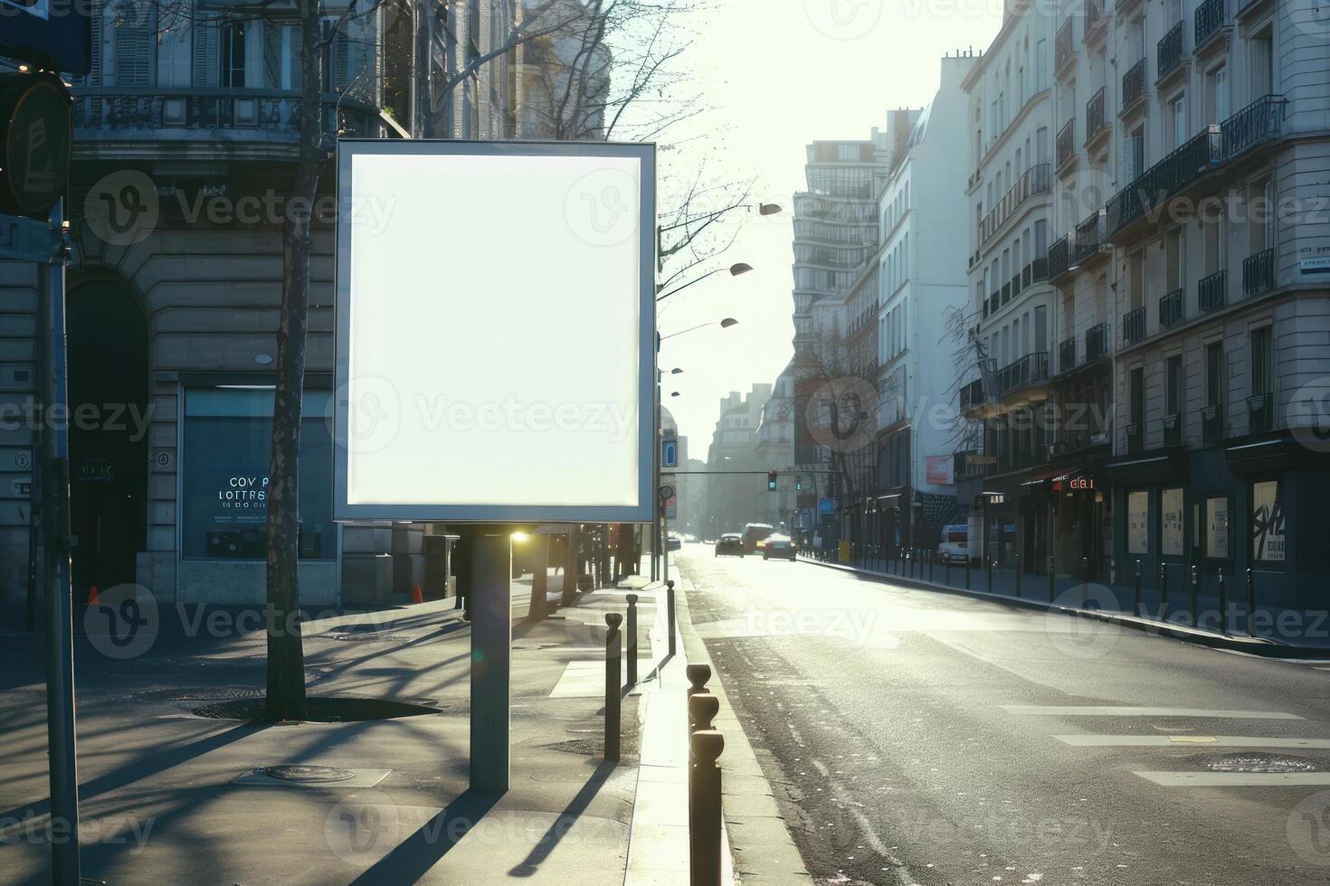 An empty street with a billboard on the side photo