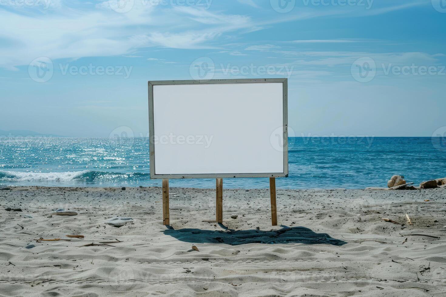 Blank billboard on the beach with ocean in background photo
