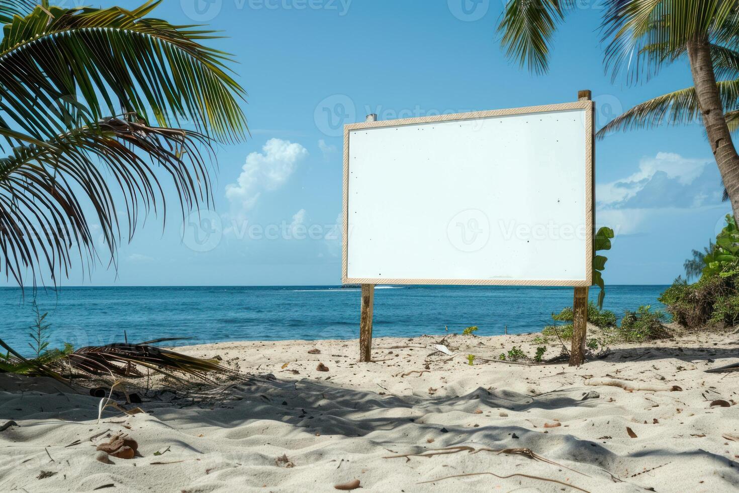 Blank billboard on the beach with palm trees photo