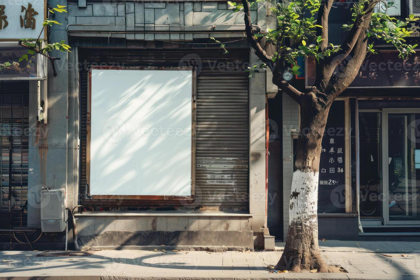 An empty storefront with a white billboard on the side photo