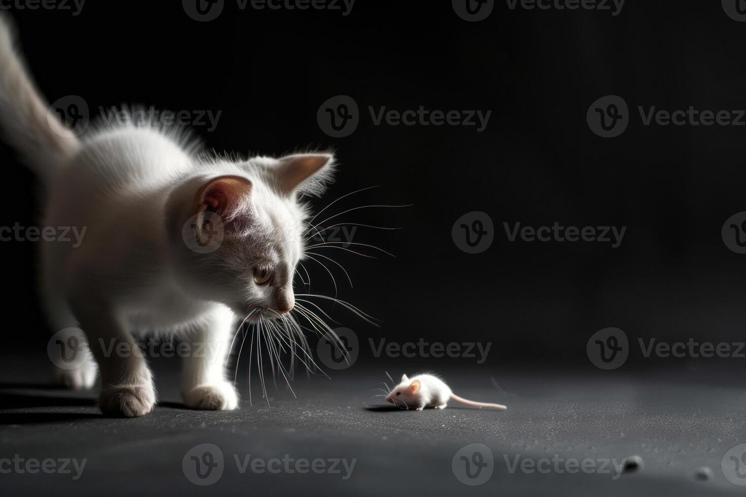 A white cat is standing next to a mouse photo