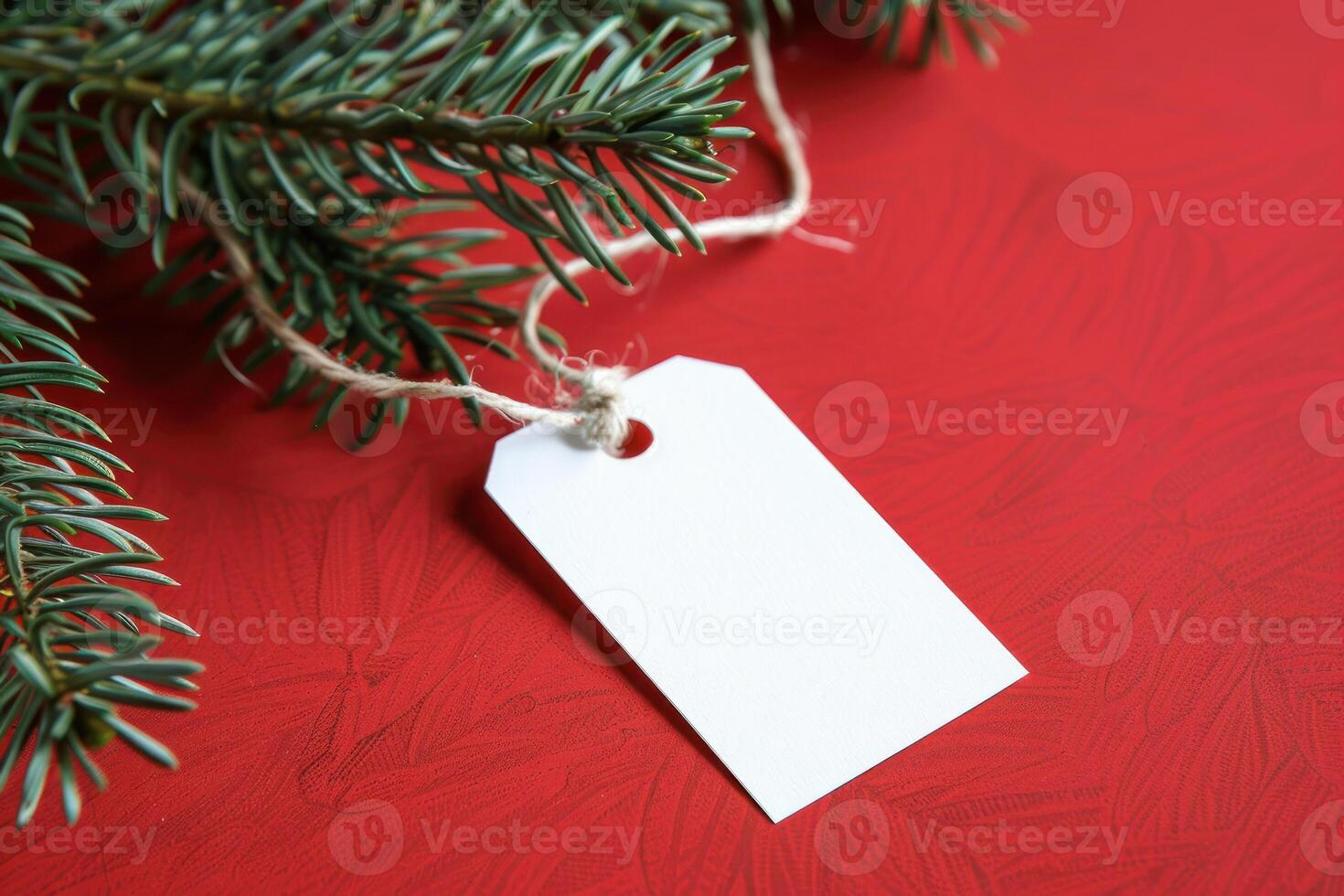 A white tag hanging from a branch of fir photo