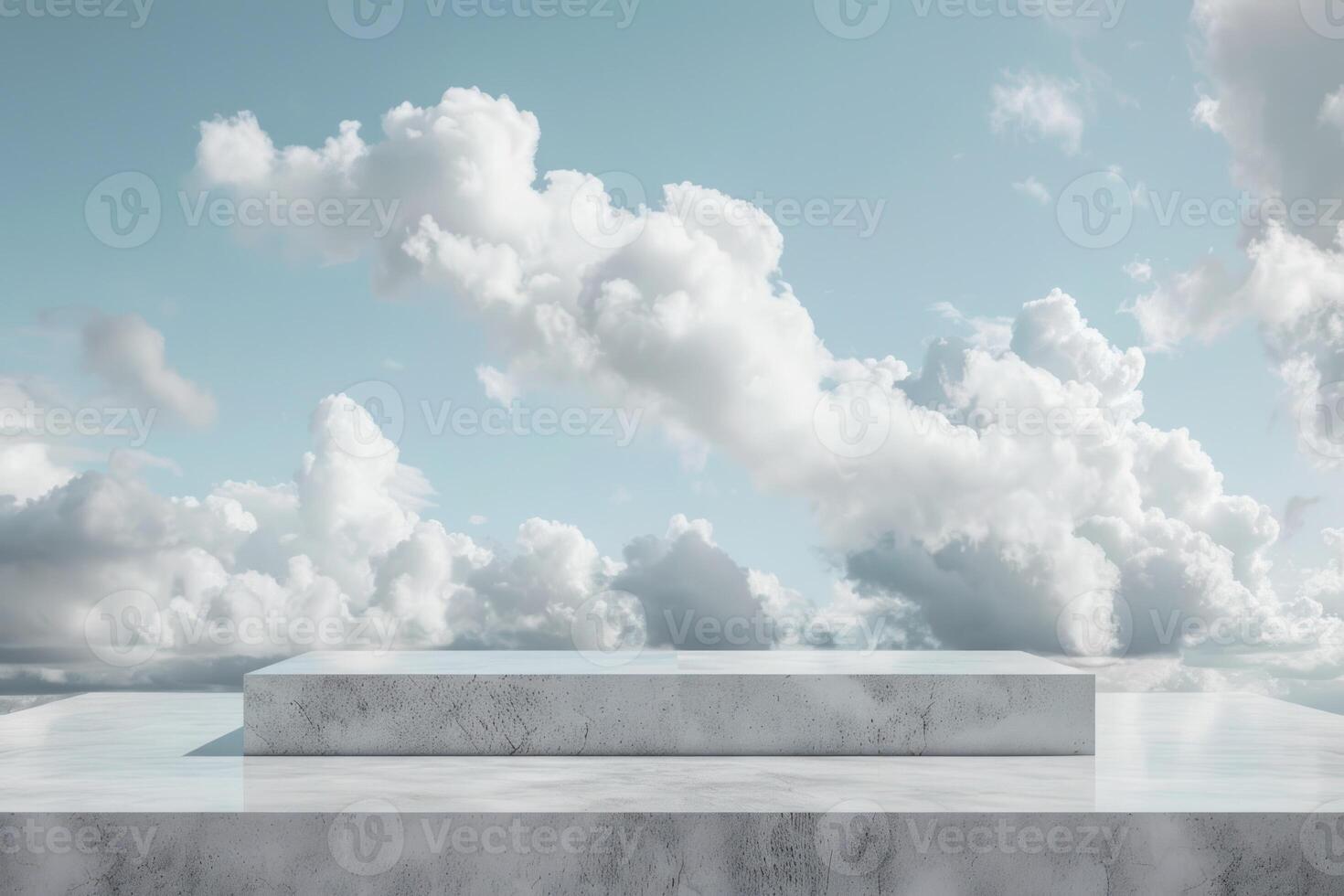 An empty podium on a marble floor with clouds in the background photo