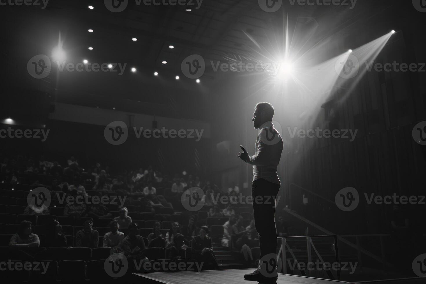 A man standing on a stage in front of a crowd photo