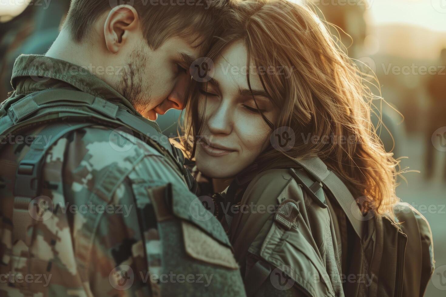 A young man and woman in military clothing hugging photo