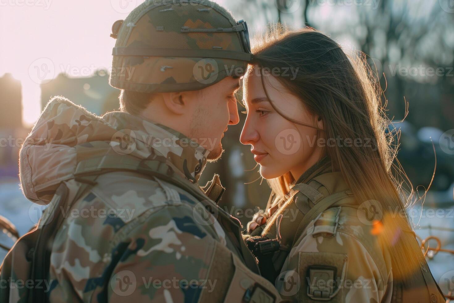 A young man and woman in military uniforms photo