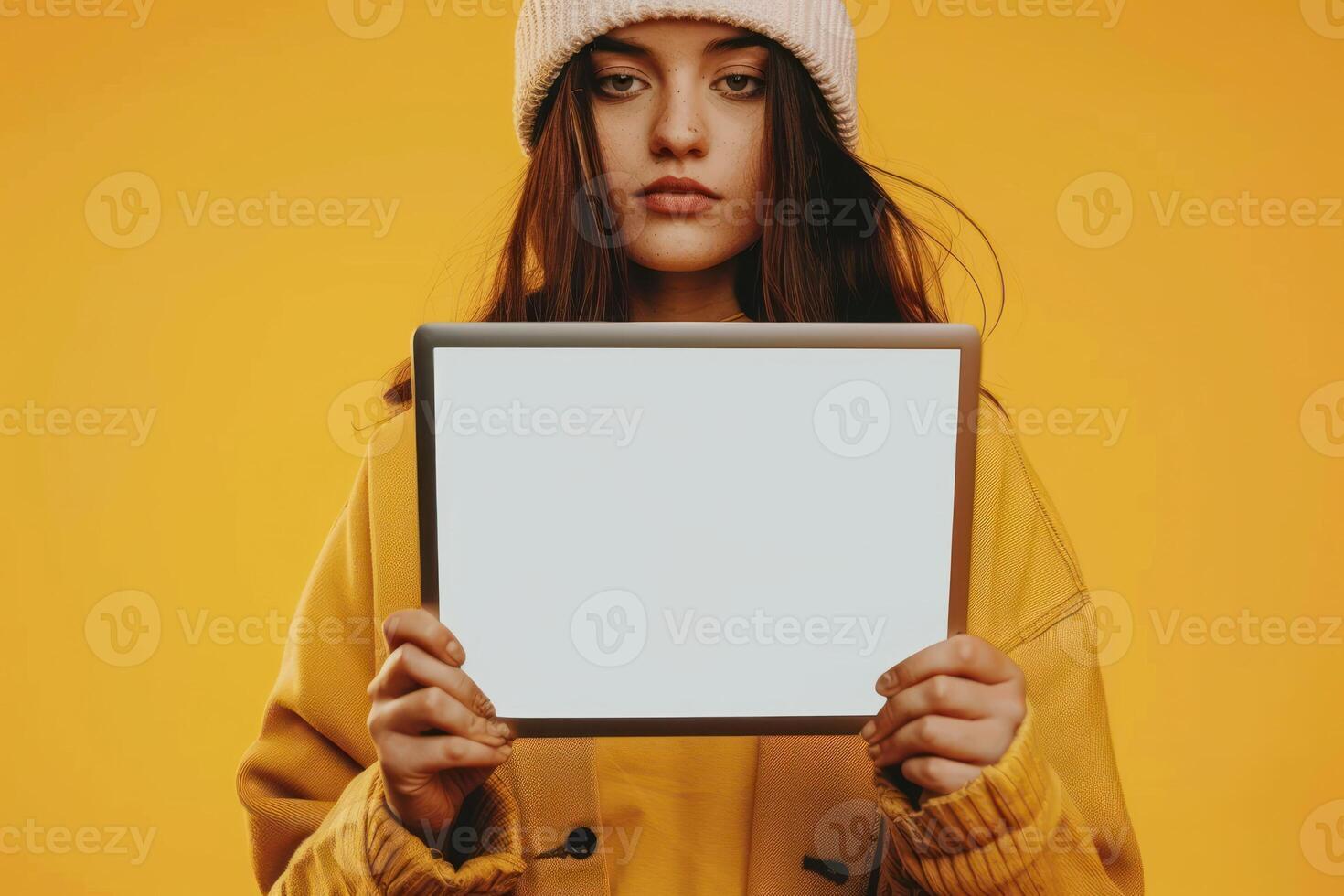 A woman in a beanie holding up a blank white board photo
