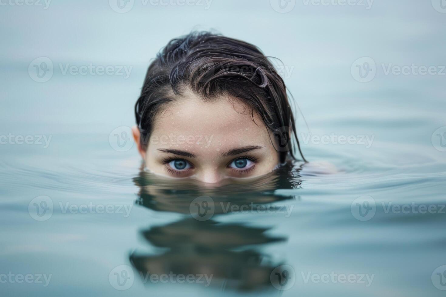 A woman with blue eyes is floating in the water photo