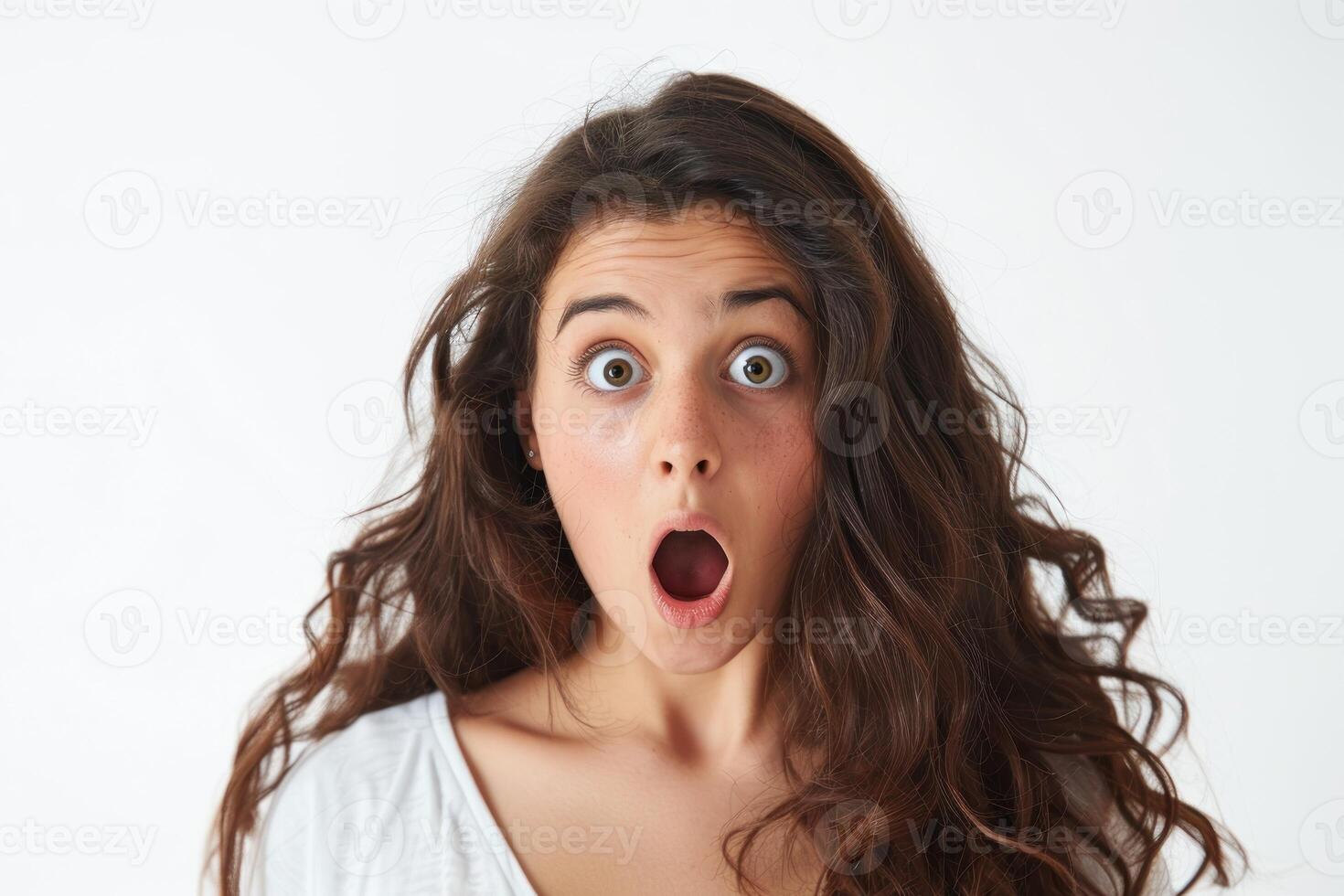 A woman with her mouth open and surprised expression photo