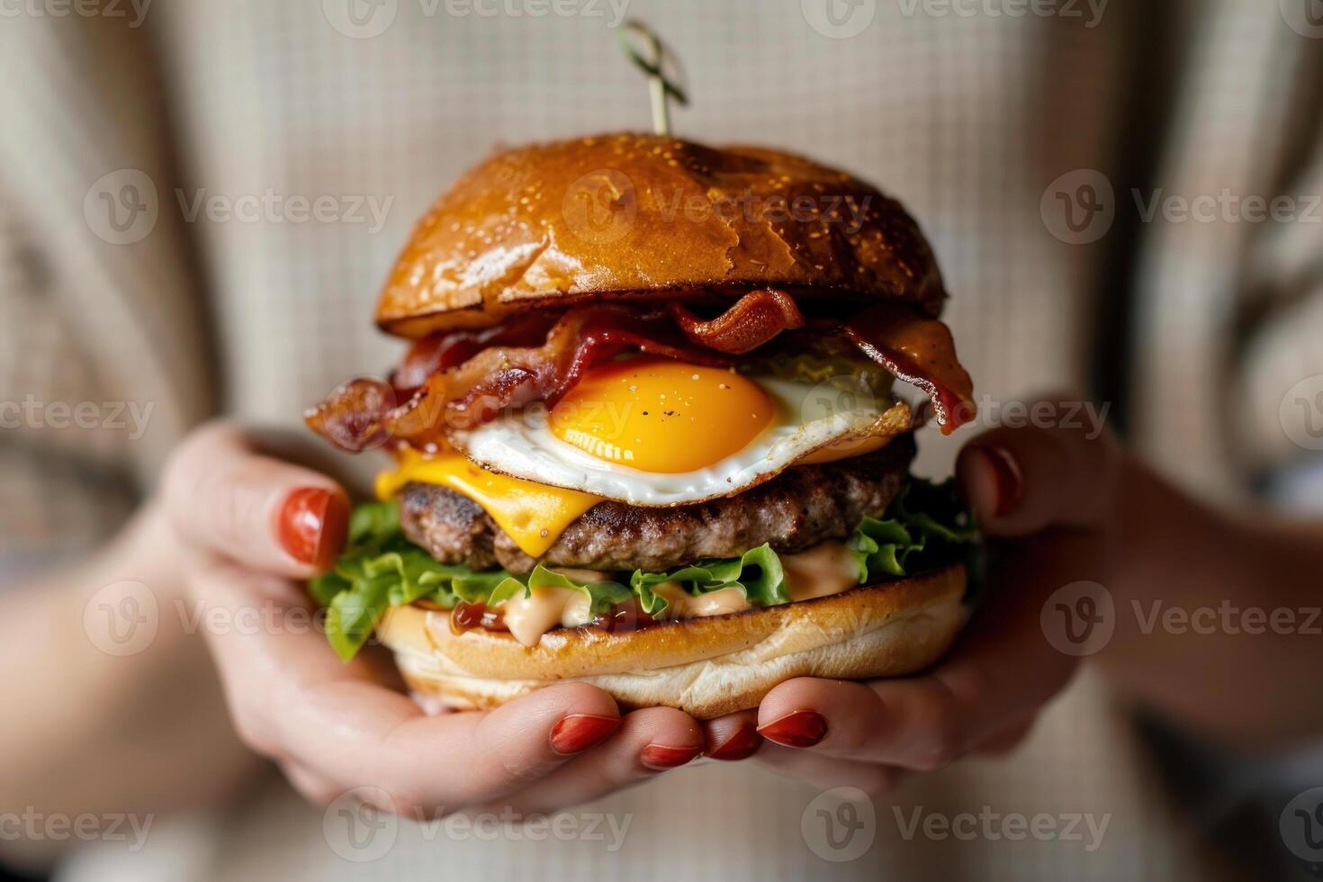 A person holding a burger with bacon, eggs and cheese photo