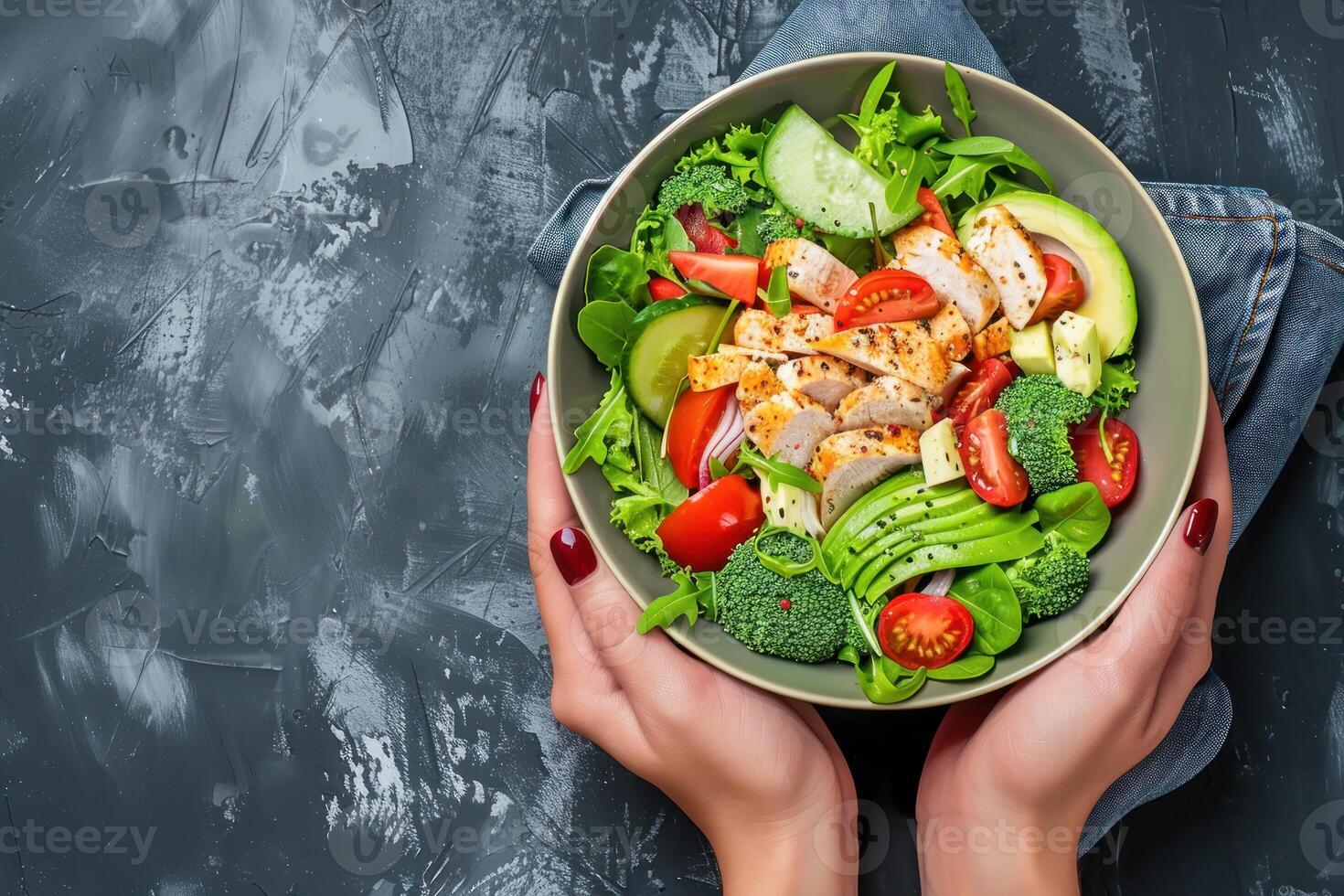 Hands holding a bowl of salad with chicken, broccoli, tomatoes and cucumbers photo