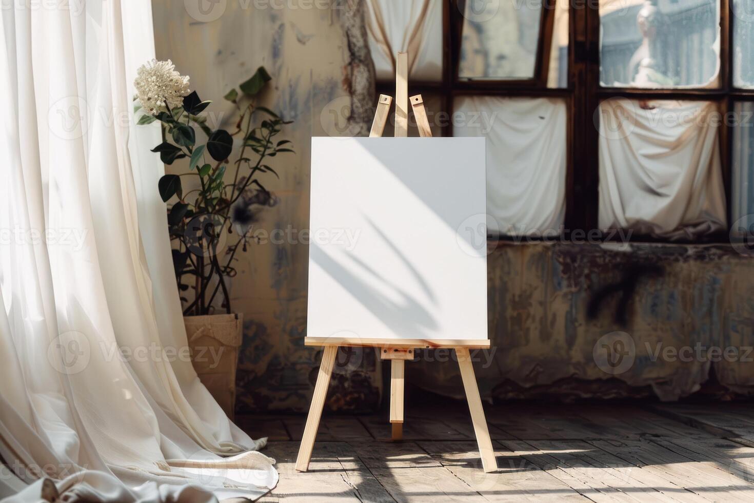 An easel with a blank canvas in front of a window photo