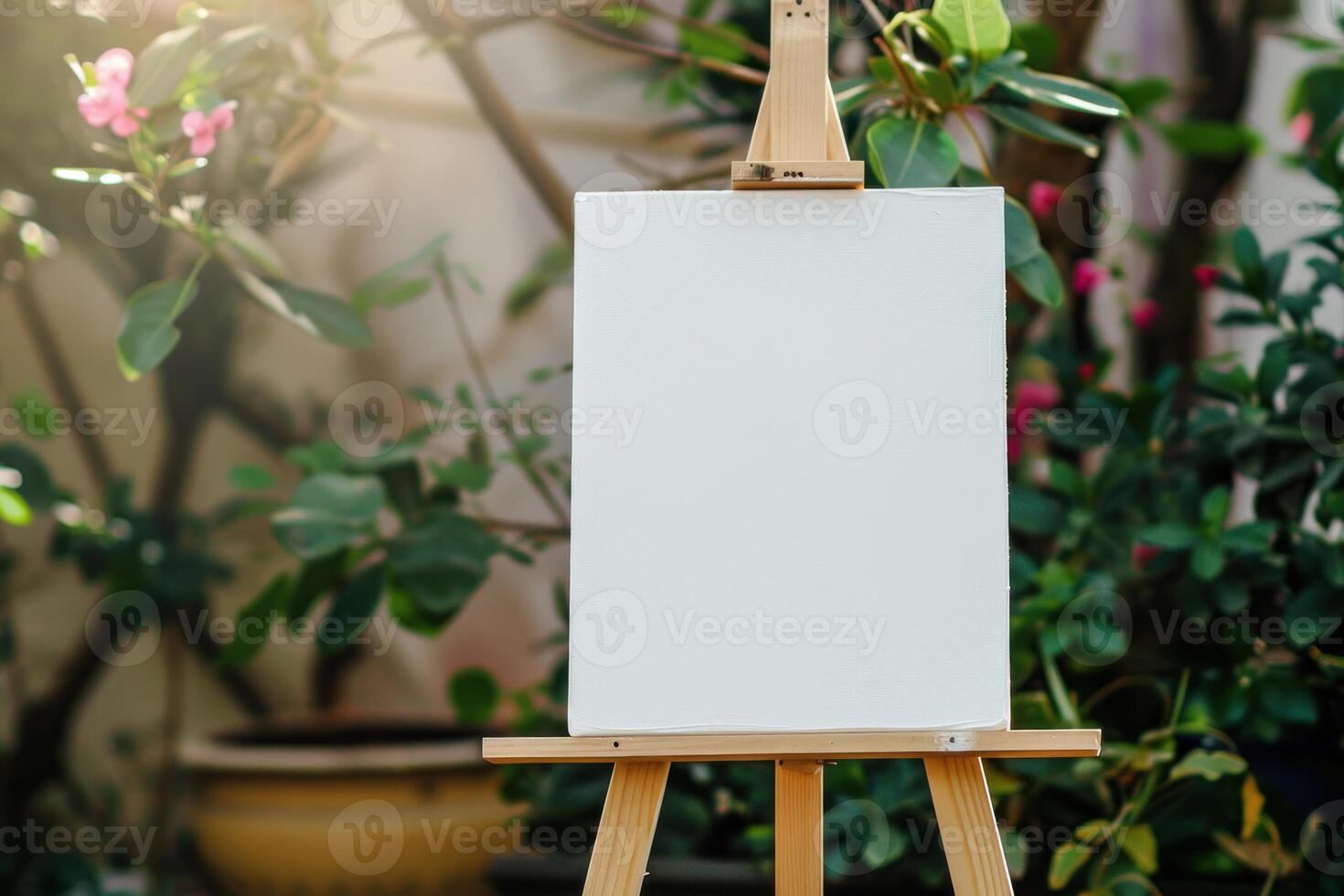 An easel with a blank canvas on it in front of a garden photo
