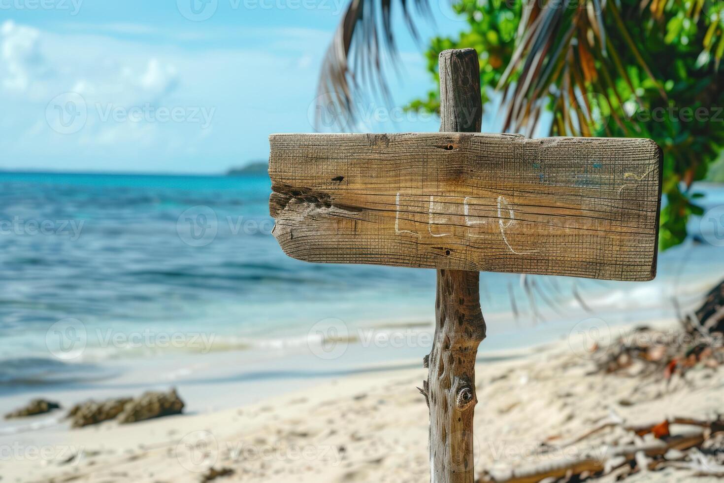 A wooden sign on the beach with the word reef written on it photo